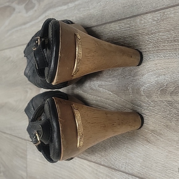 Michael Kors Black South Side Sling Back Leather Wood Platform Heels Women 8 1/2 - Picture 5 of 9